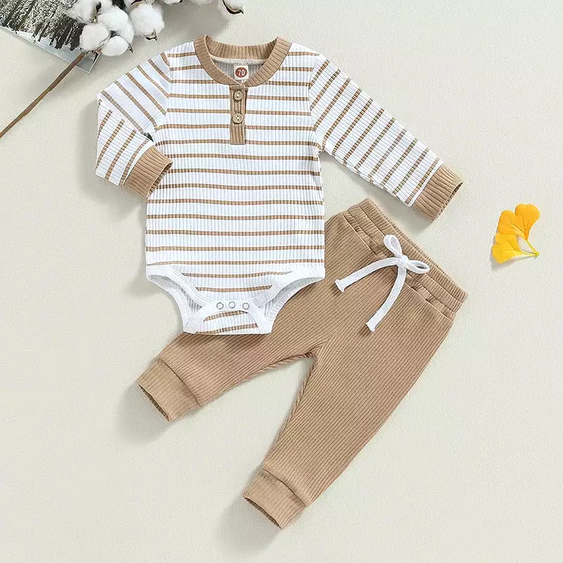 2 Pieces Set Baby Boys Striped Rompers And Solid Color Pants Wholesale 231130322