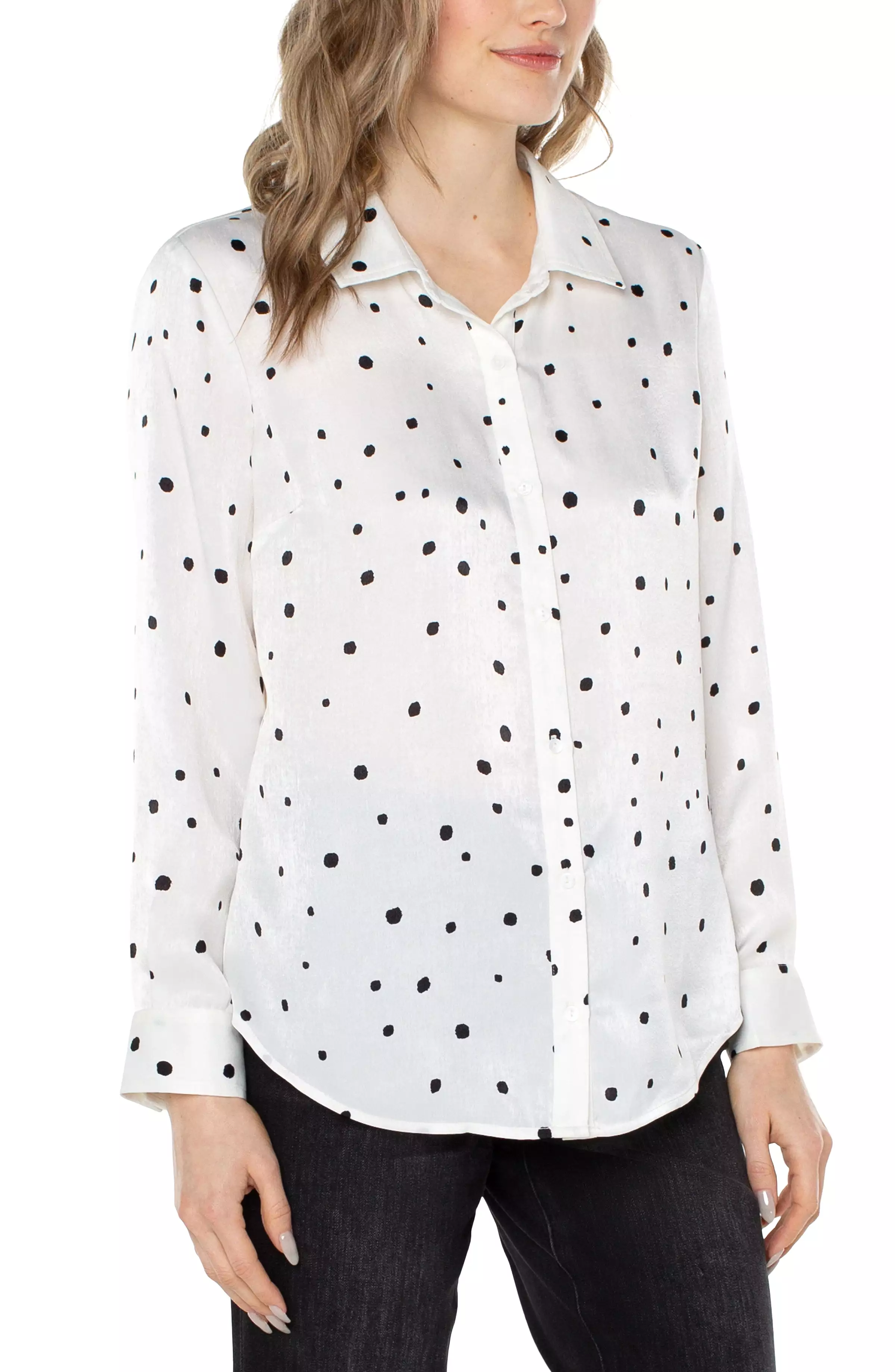 All Over Dot Button Front Woven Blouse