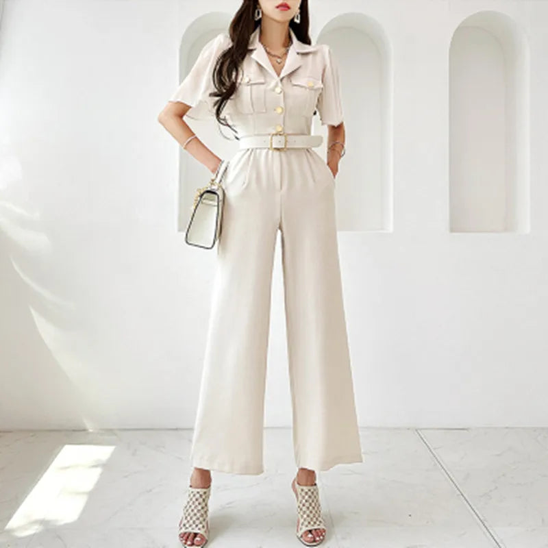 Ashore Shop Slim Waist Summer Jumpsuits  Short Sleeves Pocket Wide Leg