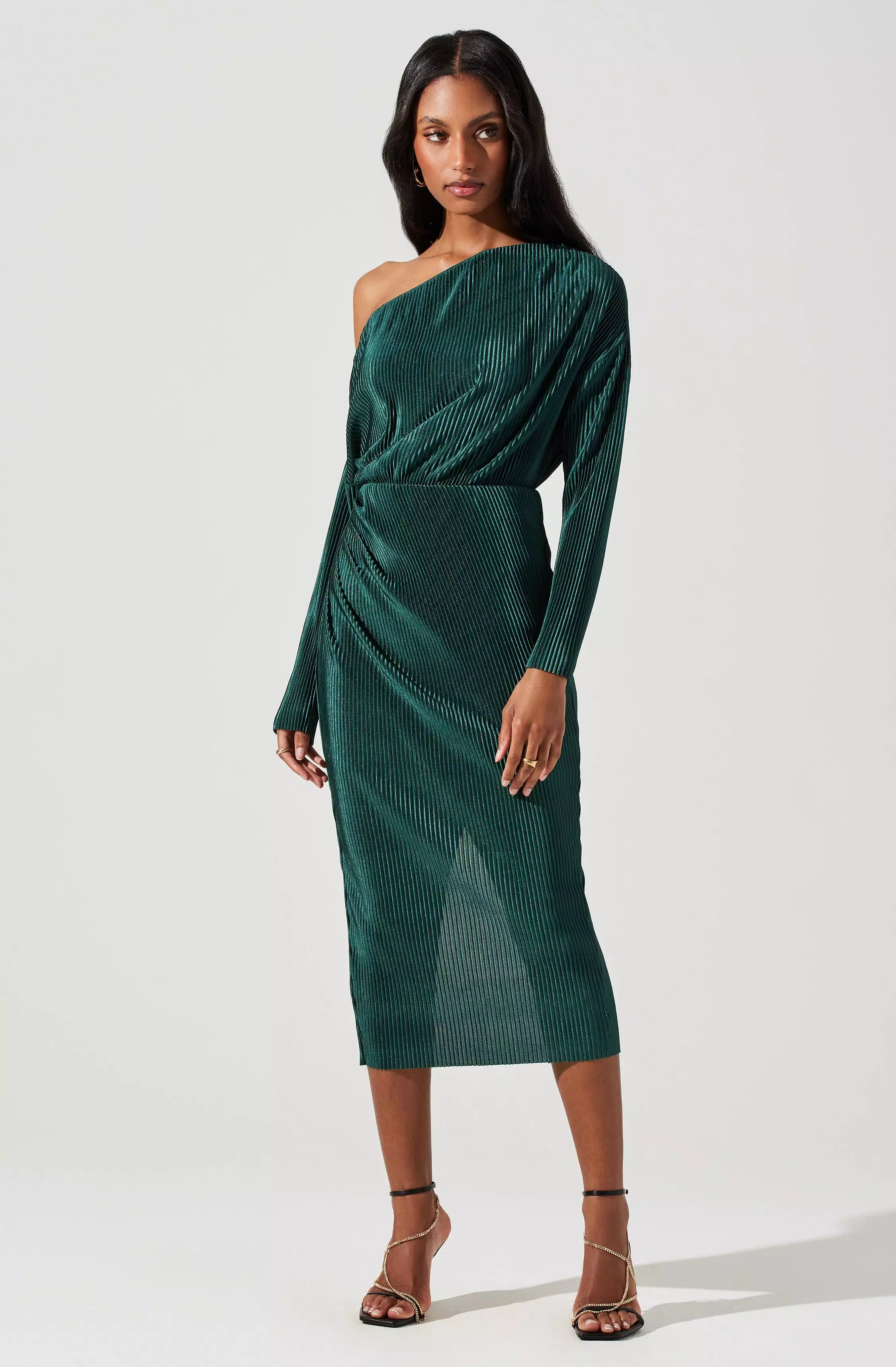 Azenia Plisse Off Shoulder Long Sleeve Midi Dress