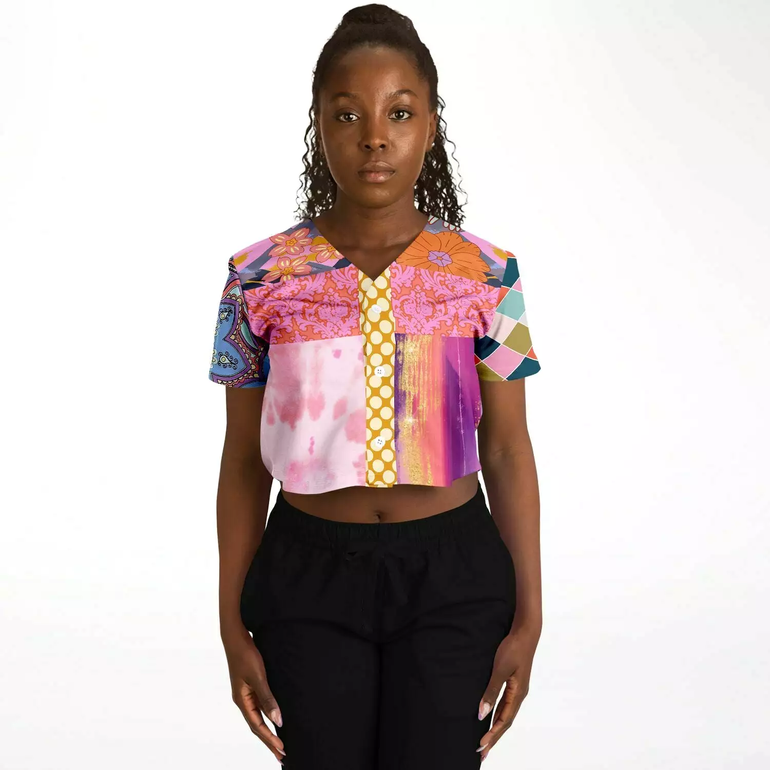 Bahama Mama Patchwork Cropped Button Front Jersey