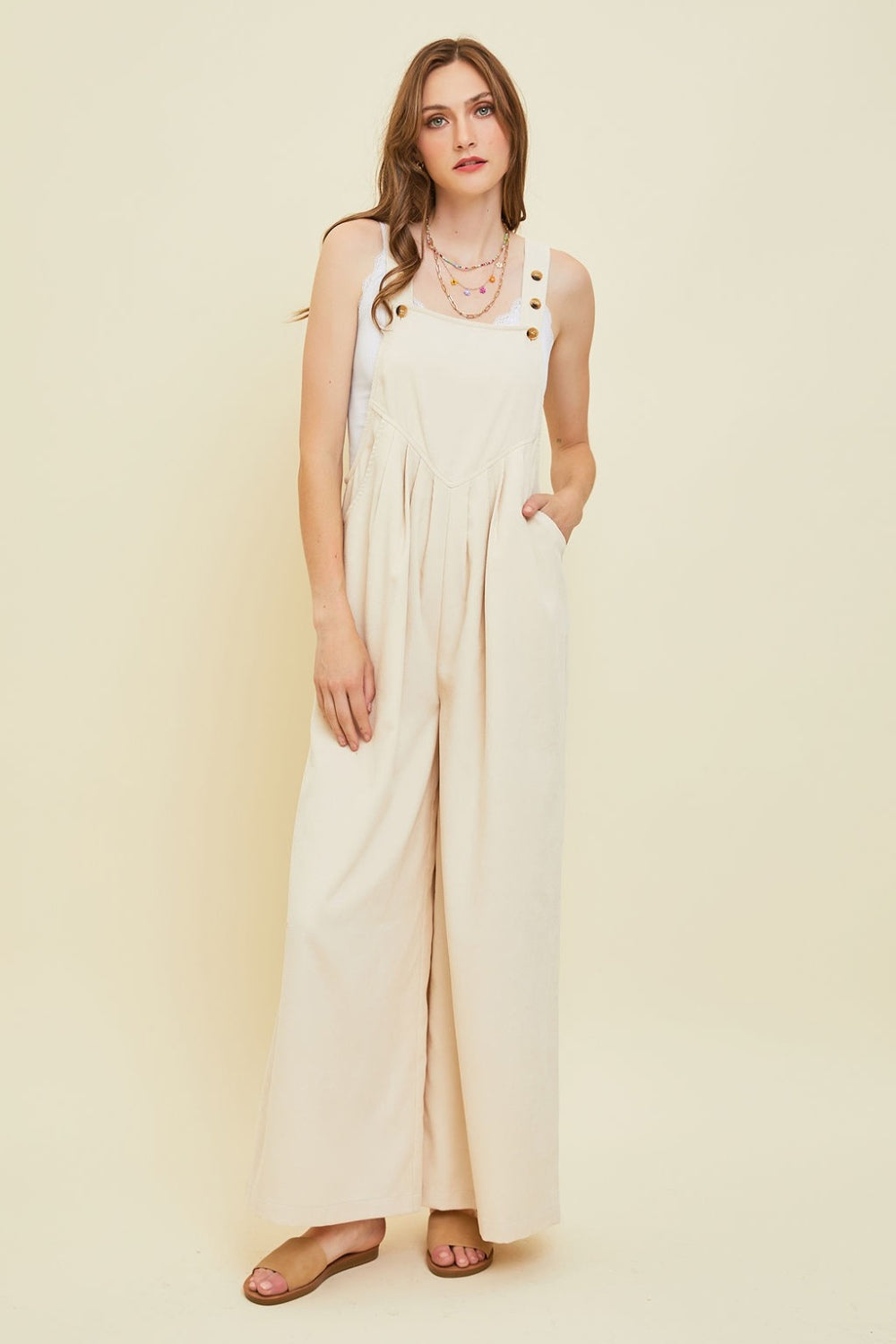 Beige Full Size Corduroy Sleeveless Wide-Leg Overall