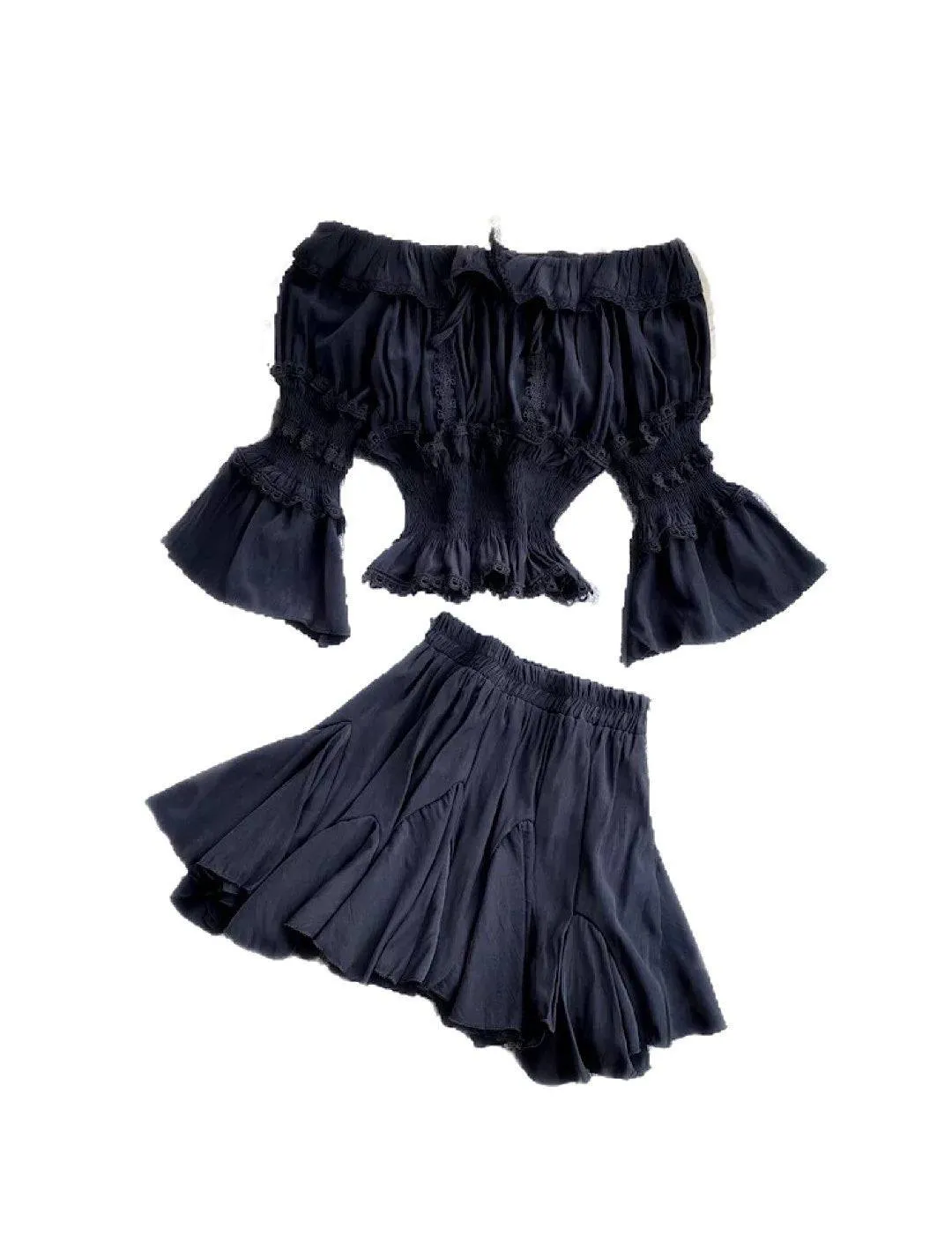 Black Two Piece Frill Top and Shorts Set