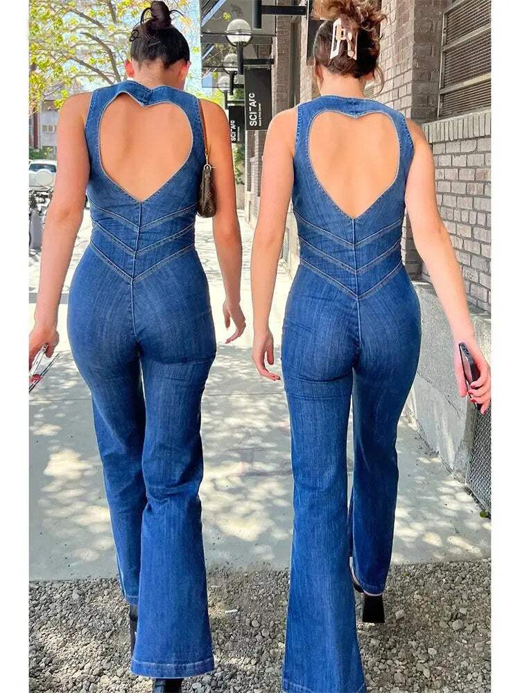 Blue Backless Heart Cutout Bodycon Jumpsuit For Women Summer Sleeveless Slim One-Piece Outfits Retro Denim Jumpsuits 2023