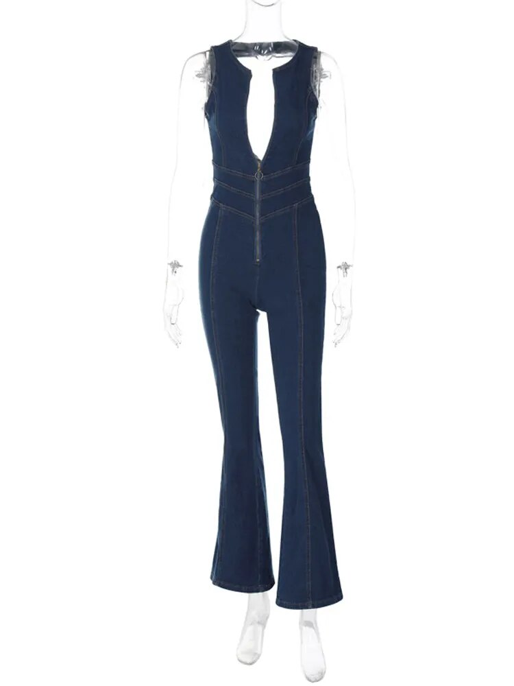 Blue Backless Heart Cutout Bodycon Jumpsuit For Women Summer Sleeveless Slim One-Piece Outfits Retro Denim Jumpsuits 2023