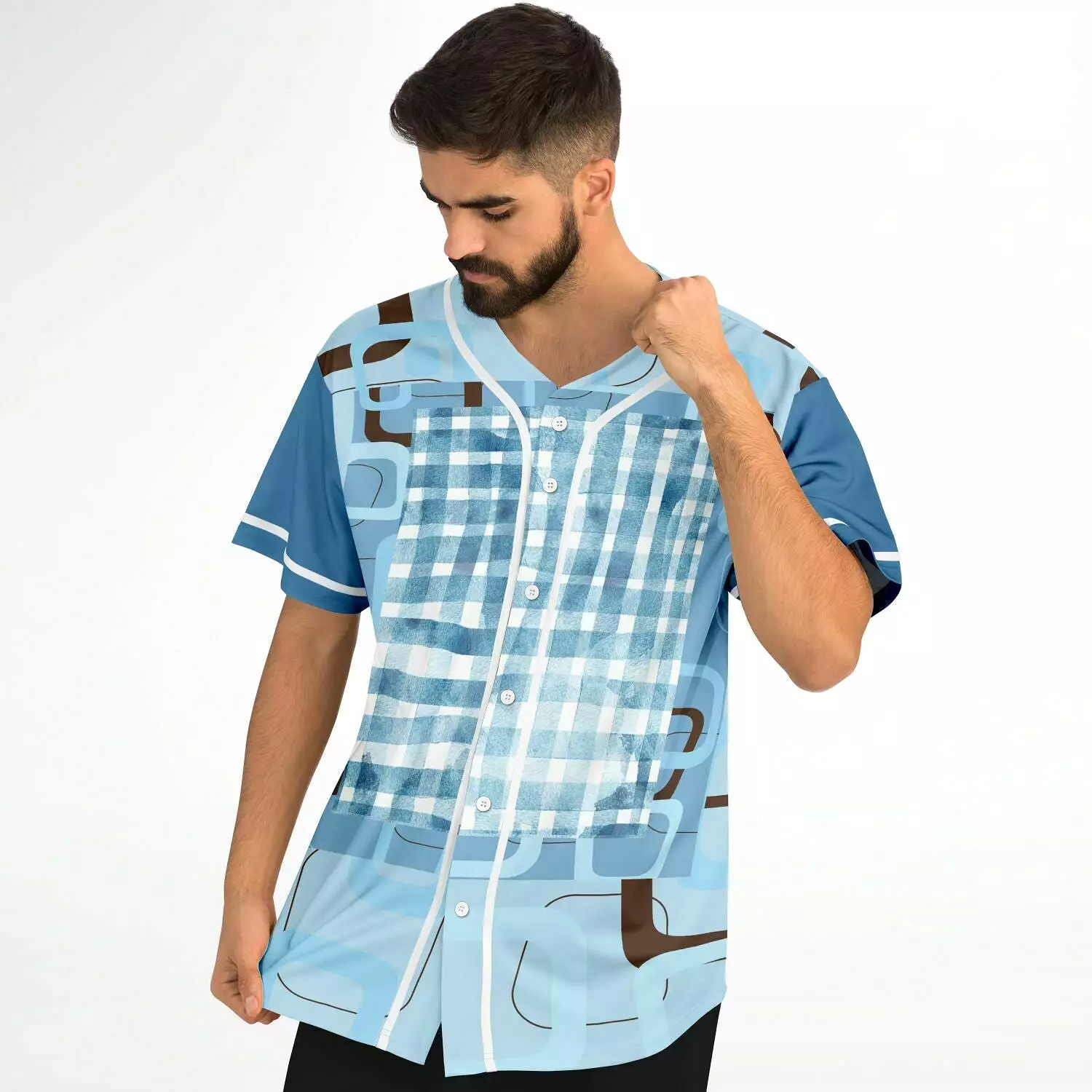 Blue Geo Patchwork Plaid Baseball Jersey