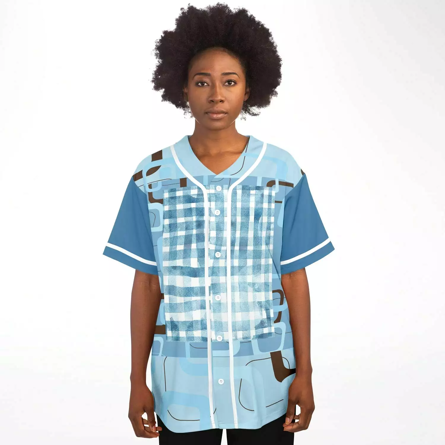 Blue Geo Patchwork Plaid Baseball Jersey