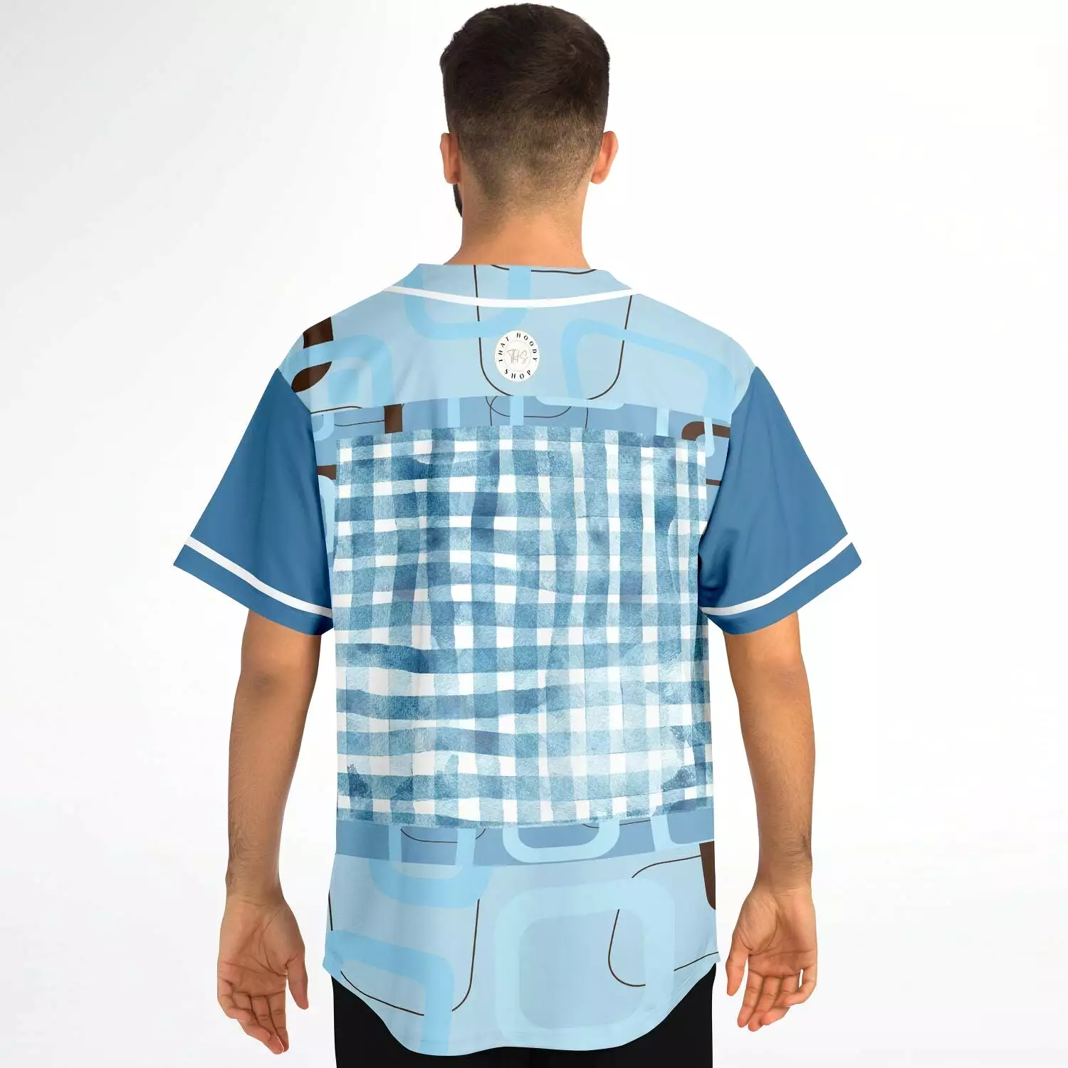 Blue Geo Patchwork Plaid Baseball Jersey