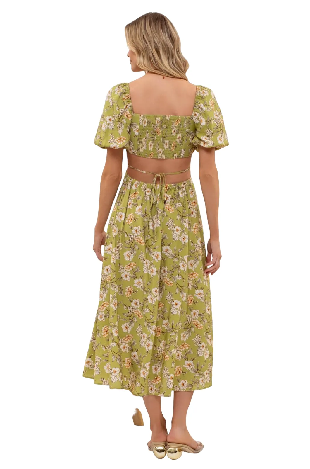 BLUPEPPER FLORAL PUFF SLEEVE WAIST CUTOUT MIDI