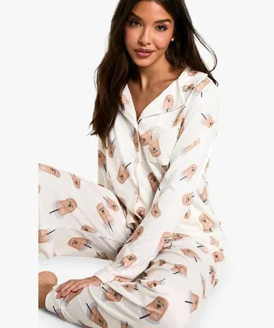 boohoo Womens Latte Print Long Sleeve Shirt And Short Pyjama Set