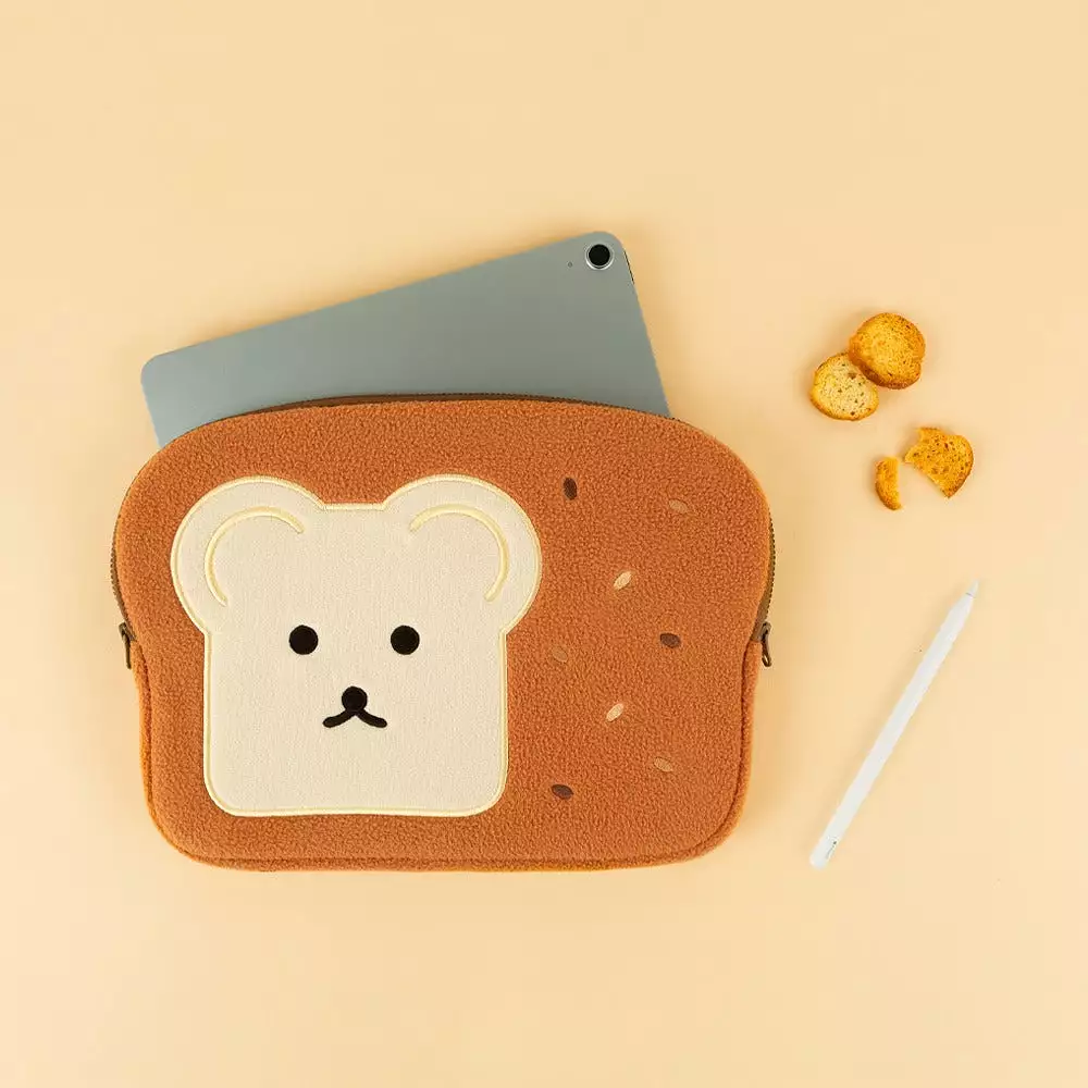 Brown Cute Bear Embroidery Bread Laptop Sleeves iPad Fitted Cases Shearling Covers Protective Tablet Pouches Purses Handbags Squ