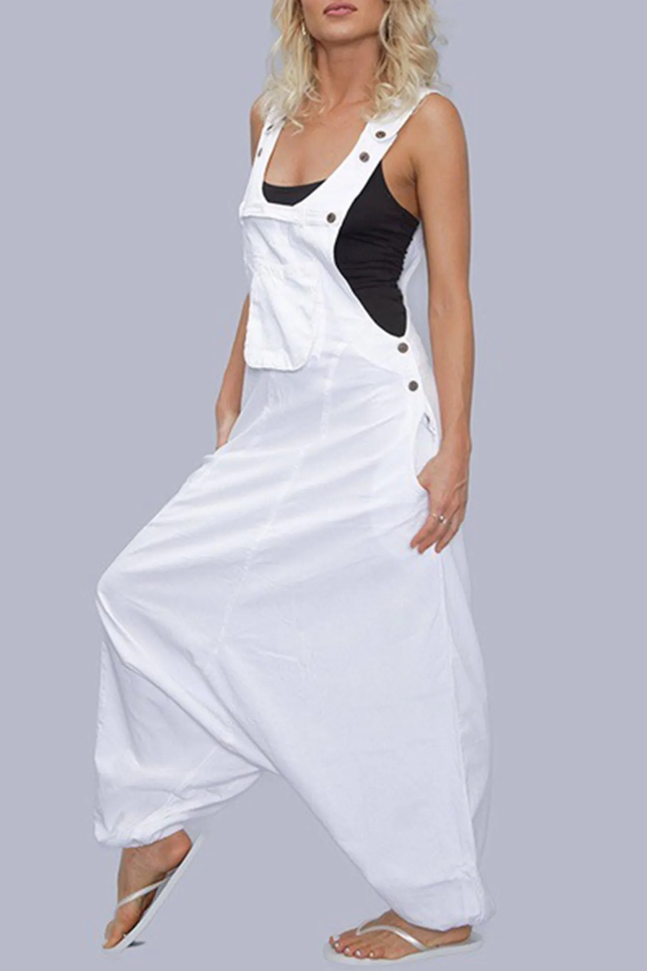 Buttoned Sleeveless Harem Cotton Jumpsuits