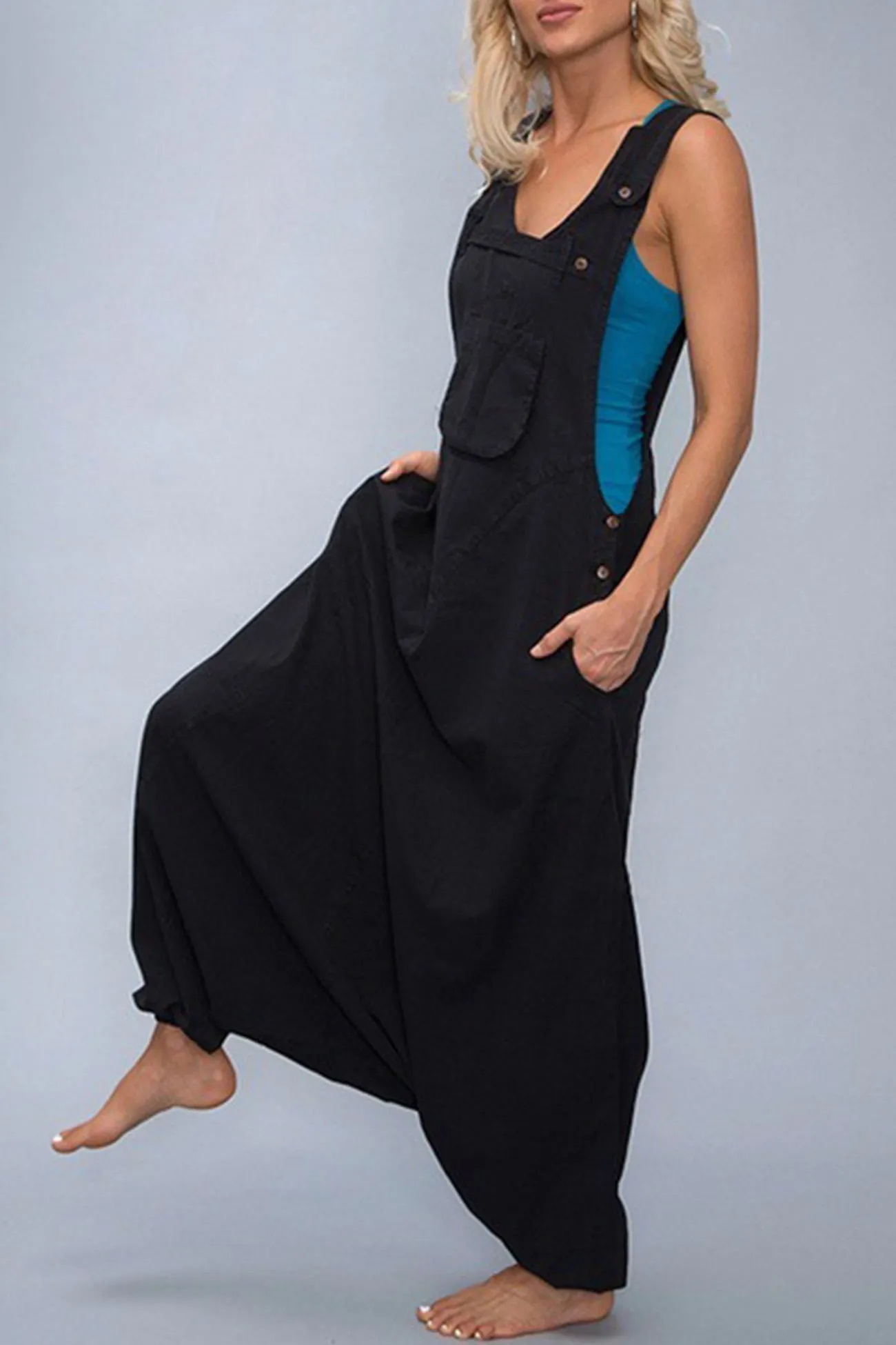 Buttoned Sleeveless Harem Cotton Jumpsuits