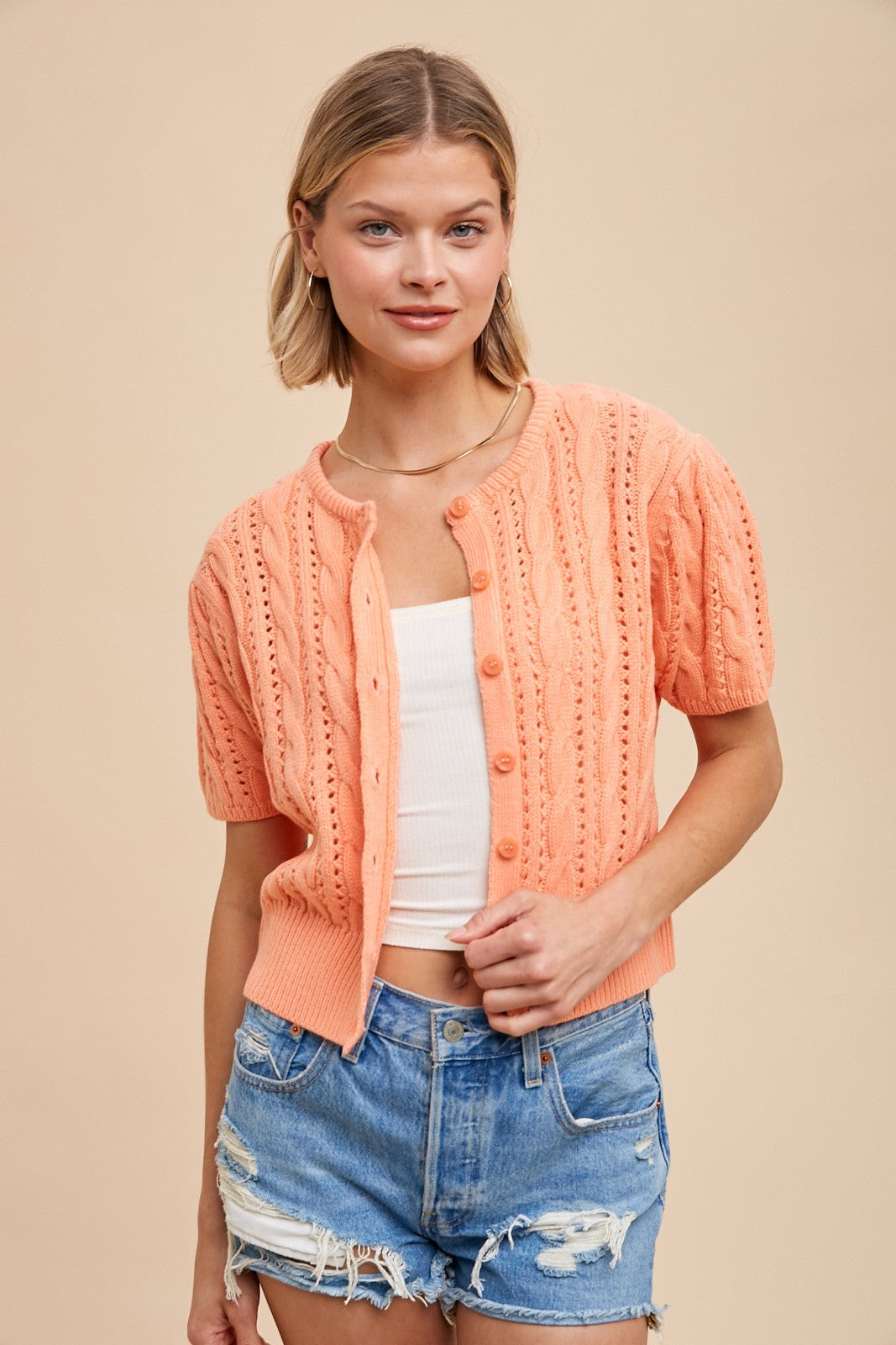 Cable Puff Sleeve Cardigan in Apricot