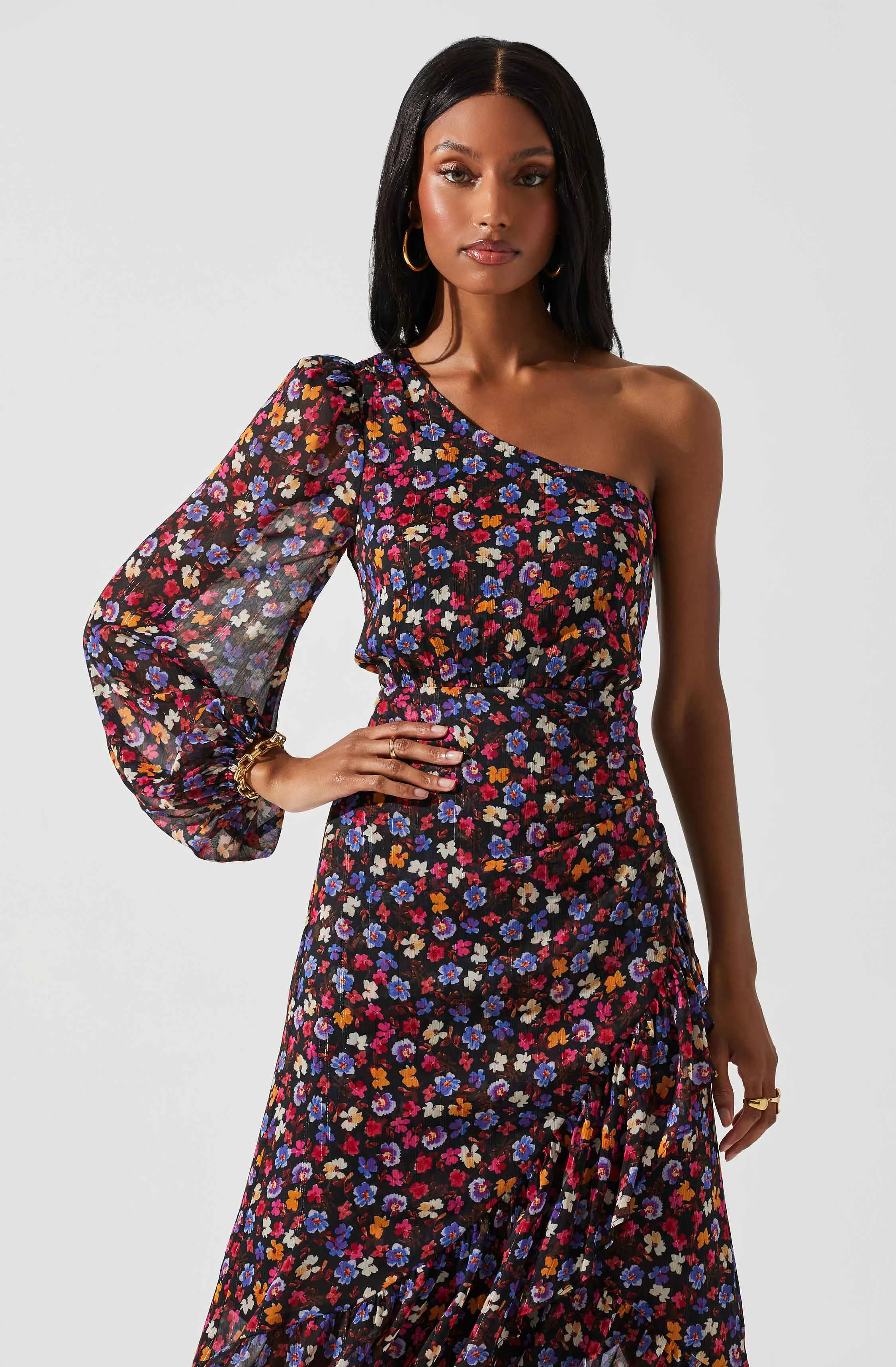 Calista Floral One Shoulder Midi Dress