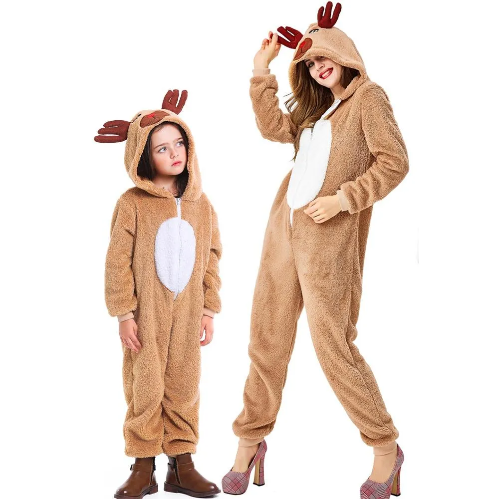 Christmas clothes Children Adult jumpsuits Onesie Cartoon elk Animals Kids One Piece Cosplay costume Women Festivals Party