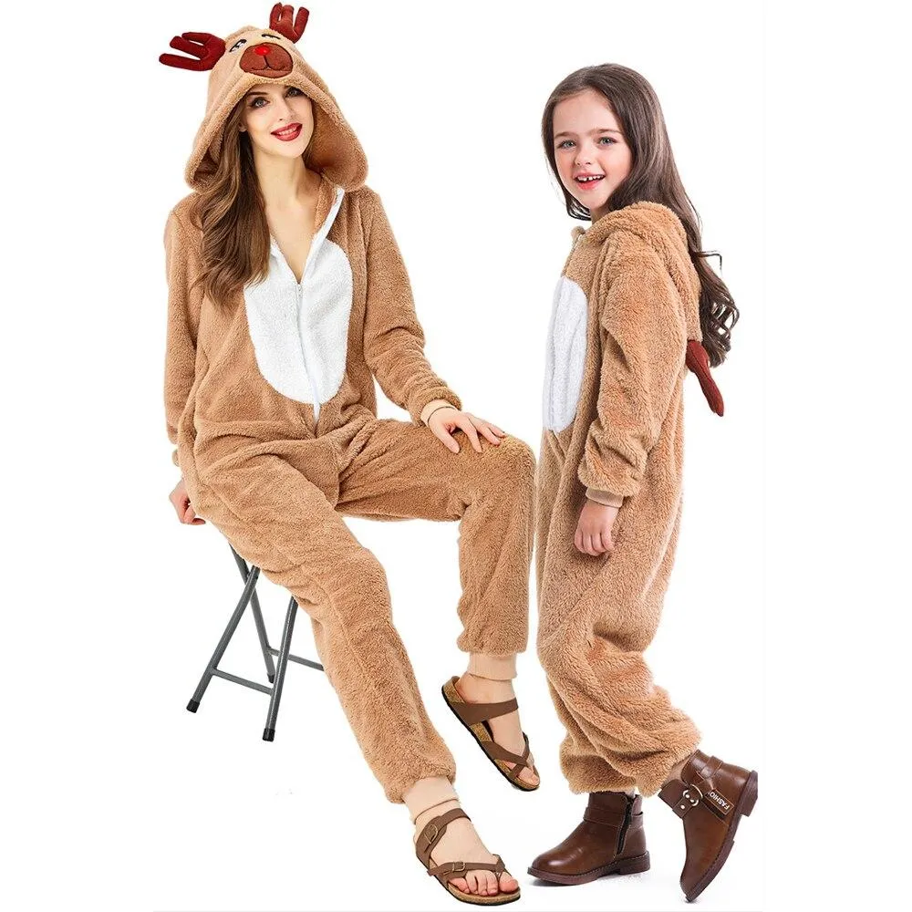 Christmas clothes Children Adult jumpsuits Onesie Cartoon elk Animals Kids One Piece Cosplay costume Women Festivals Party