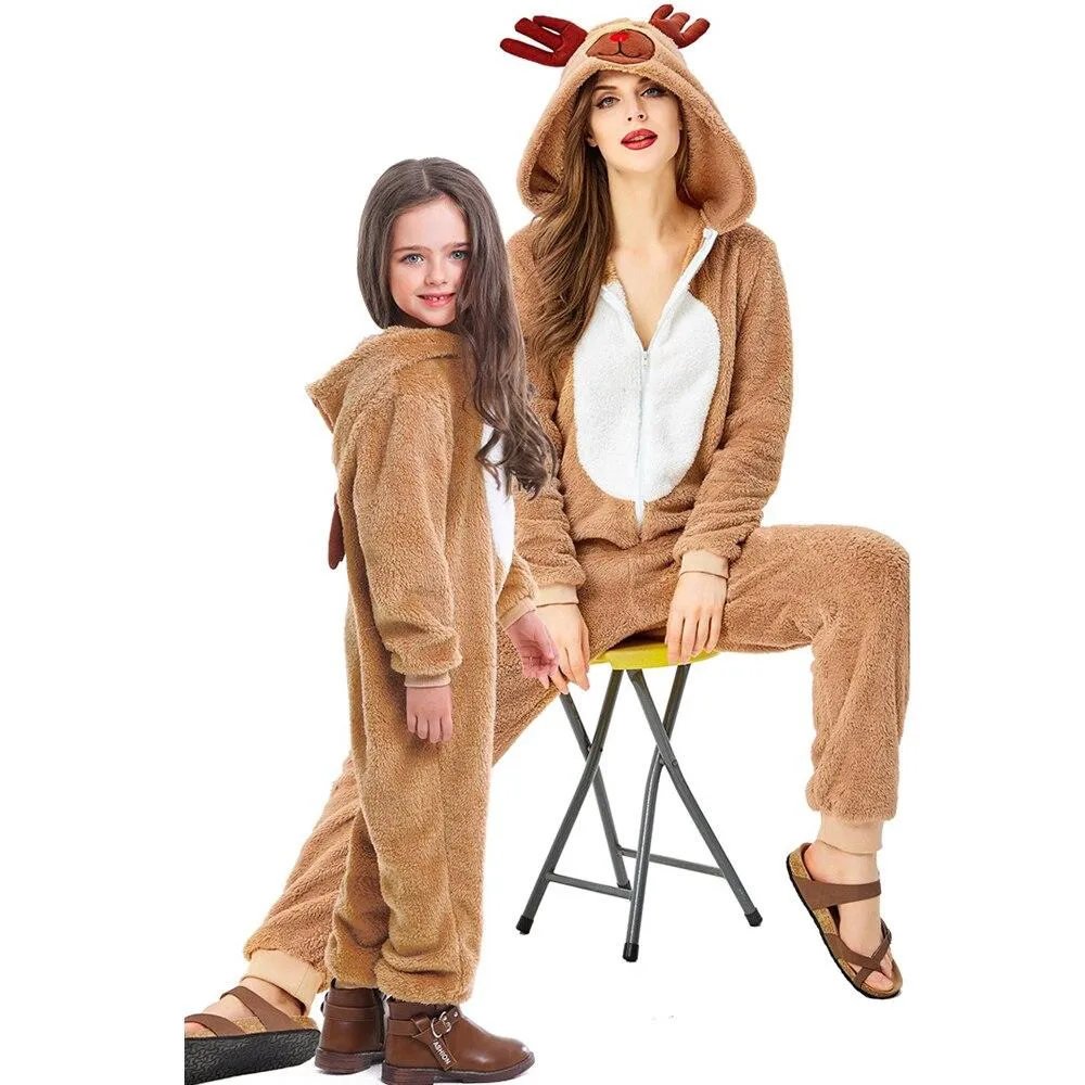 Christmas clothes Children Adult jumpsuits Onesie Cartoon elk Animals Kids One Piece Cosplay costume Women Festivals Party