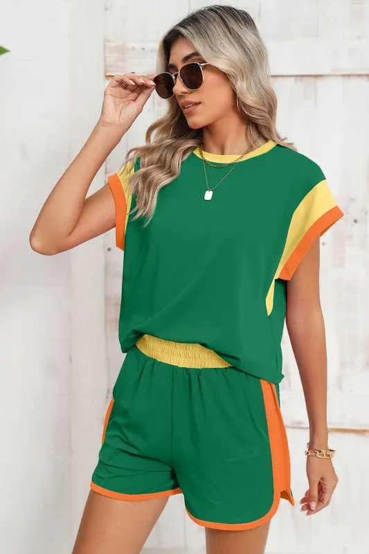 Contrast Trim Cap Sleeve Tee Shorts Set