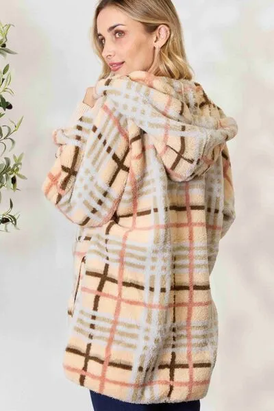 Cream Checked Faux Fur Hooded Jacket