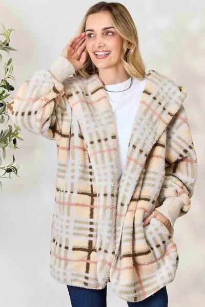 Cream Checked Faux Fur Hooded Jacket