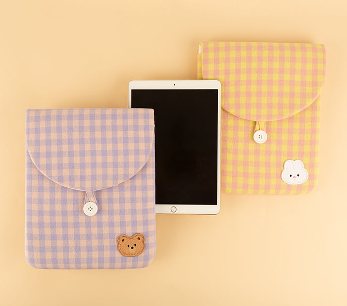 Cute Rabbit Bear Casual Checkered iPad Laptop Sleeves Cases Pouches Protective Covers Purses Handbags Square Cushion Designer Sc