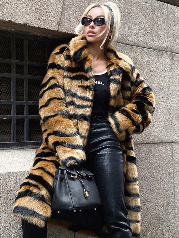 Faux Fur Coat Tiger Print Winter Midi Eco-friendly Fur Coat For Women 2024