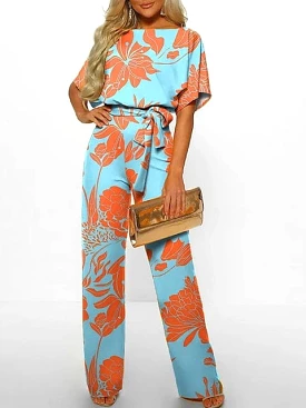 Floral Print Lace Up Jumpsuits for Women - Light Blue