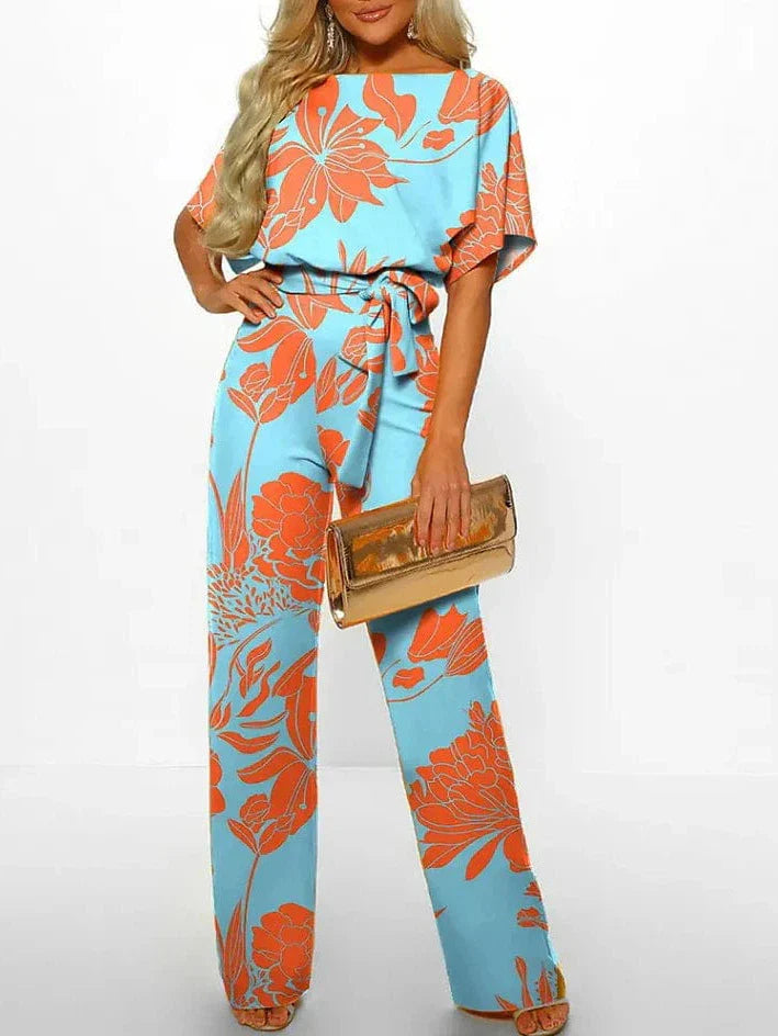 Floral Print Lace Up Jumpsuits for Women - Light Blue