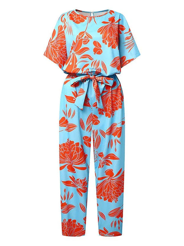 Floral Print Lace Up Jumpsuits for Women - Light Blue