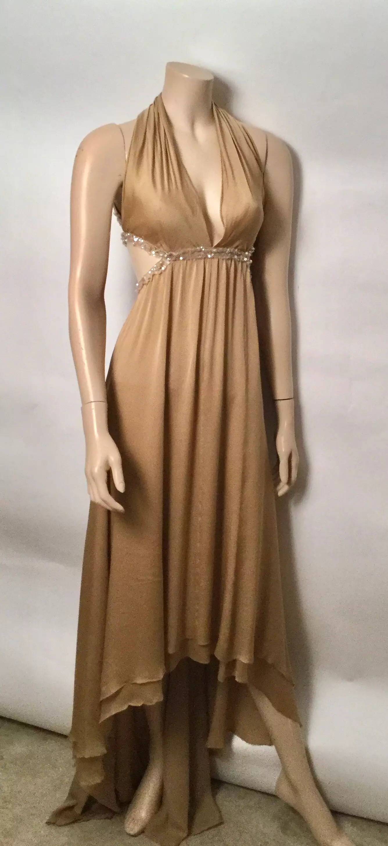 Frisky Chanel 2003 03P Spring Vintage Beige Sequin Halter Backless Long Chiffon Silk gown FR 38 US 4