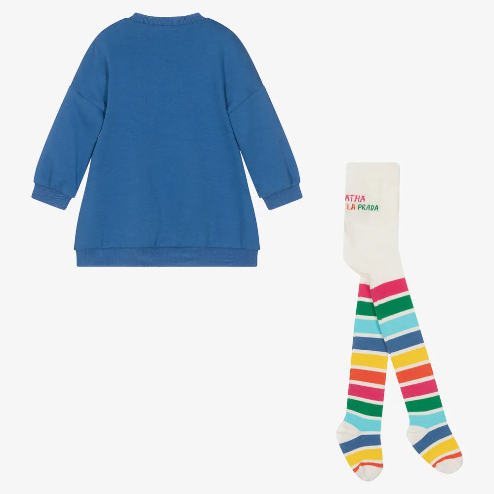 Girls Blue Dress & Striped Tights Set