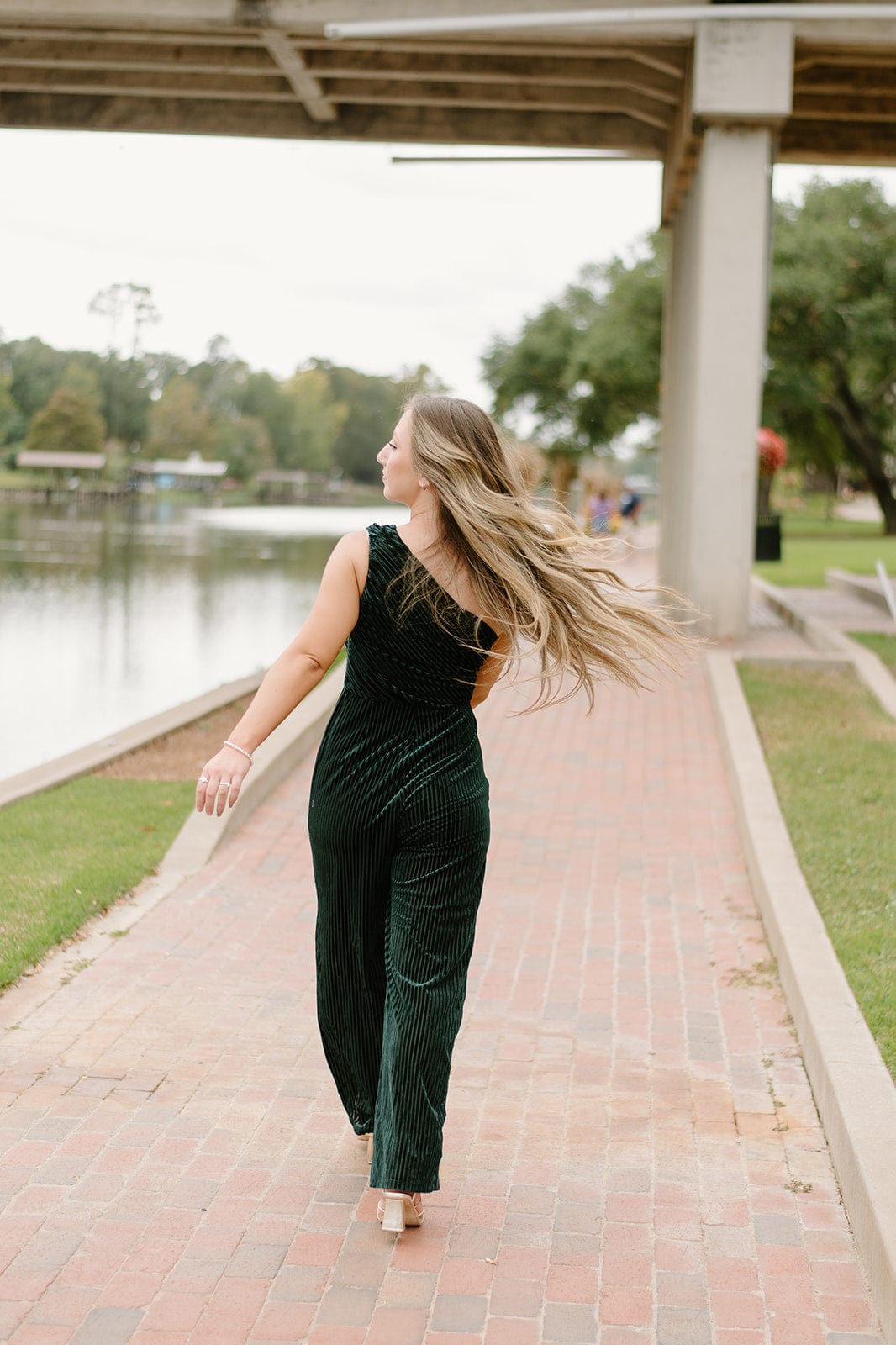 Green Velvet Stripe One Shoulder Jumpsuit