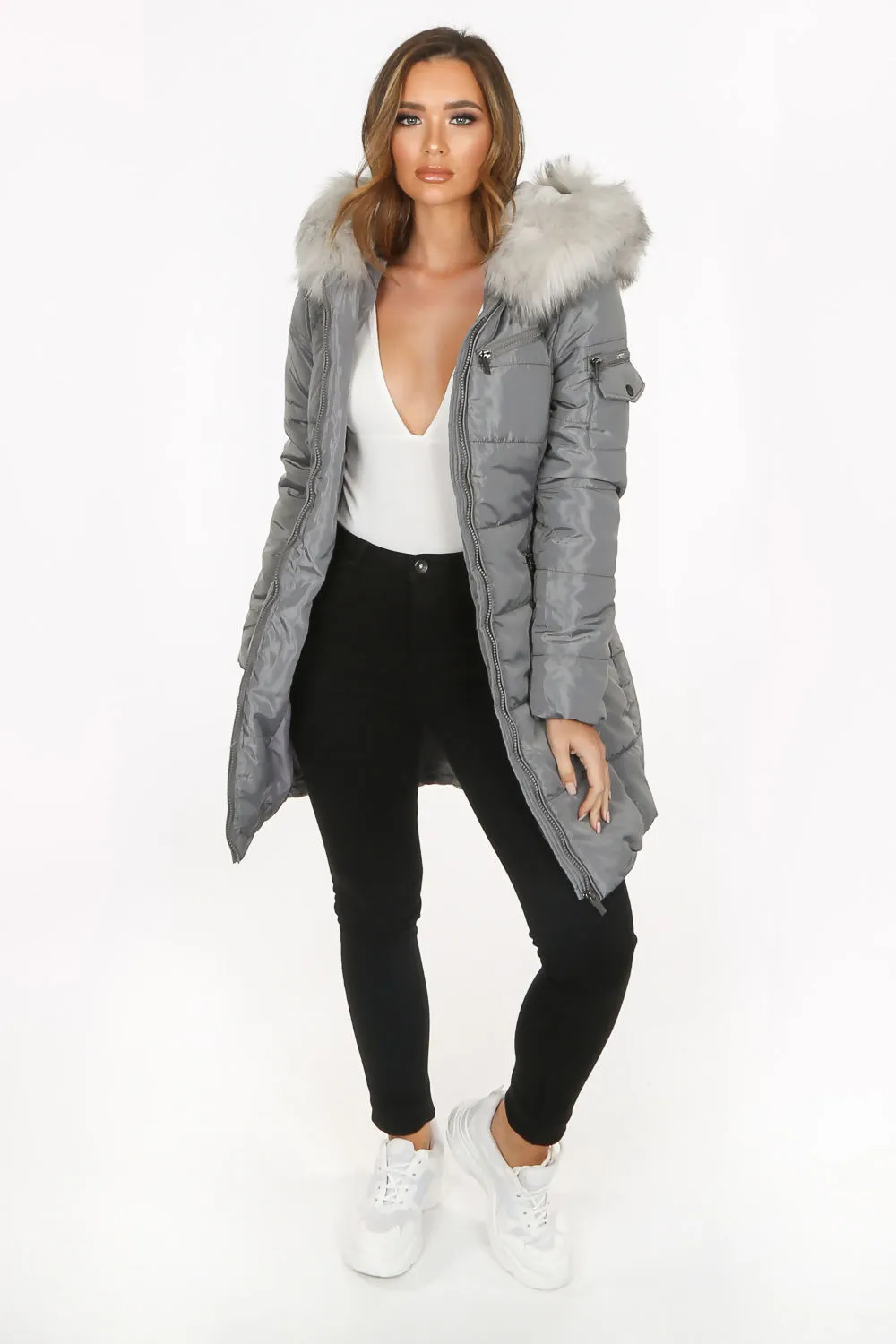 Grey Long Quilted Puffer Coat With Belt