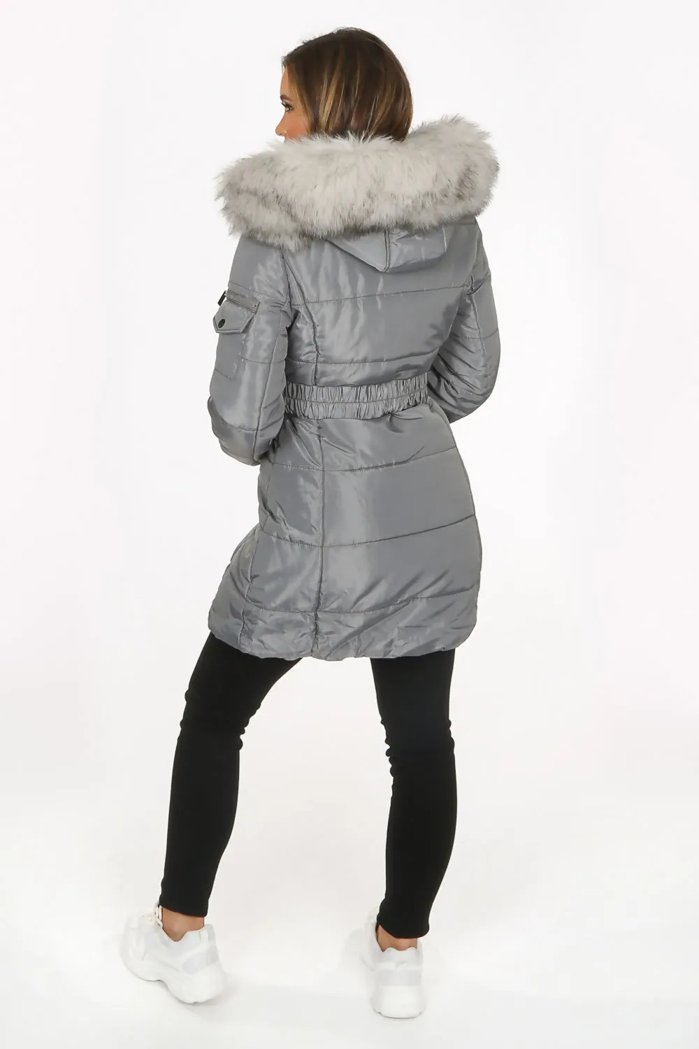 Grey Long Quilted Puffer Coat With Belt