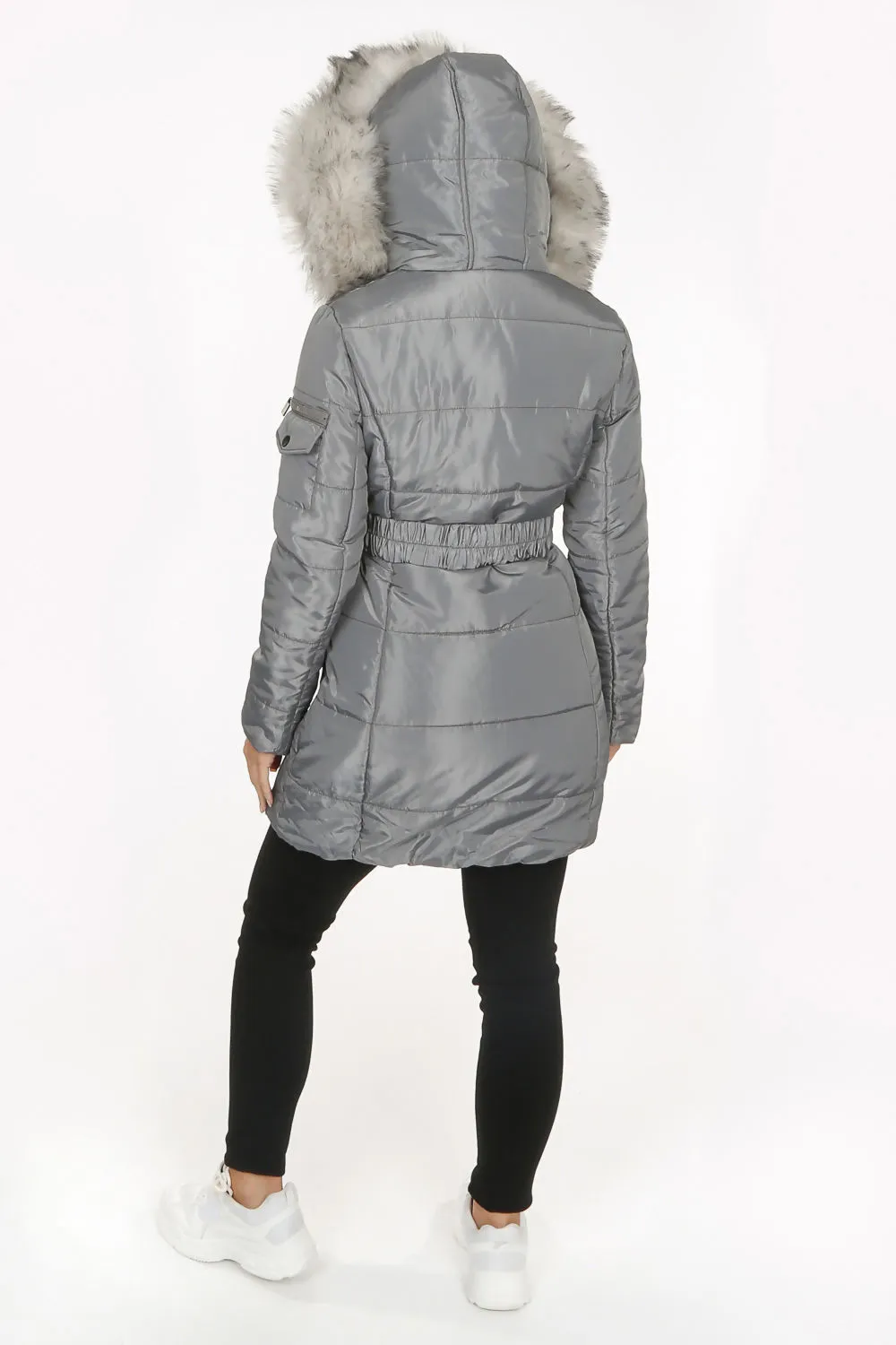 Grey Long Quilted Puffer Coat With Belt