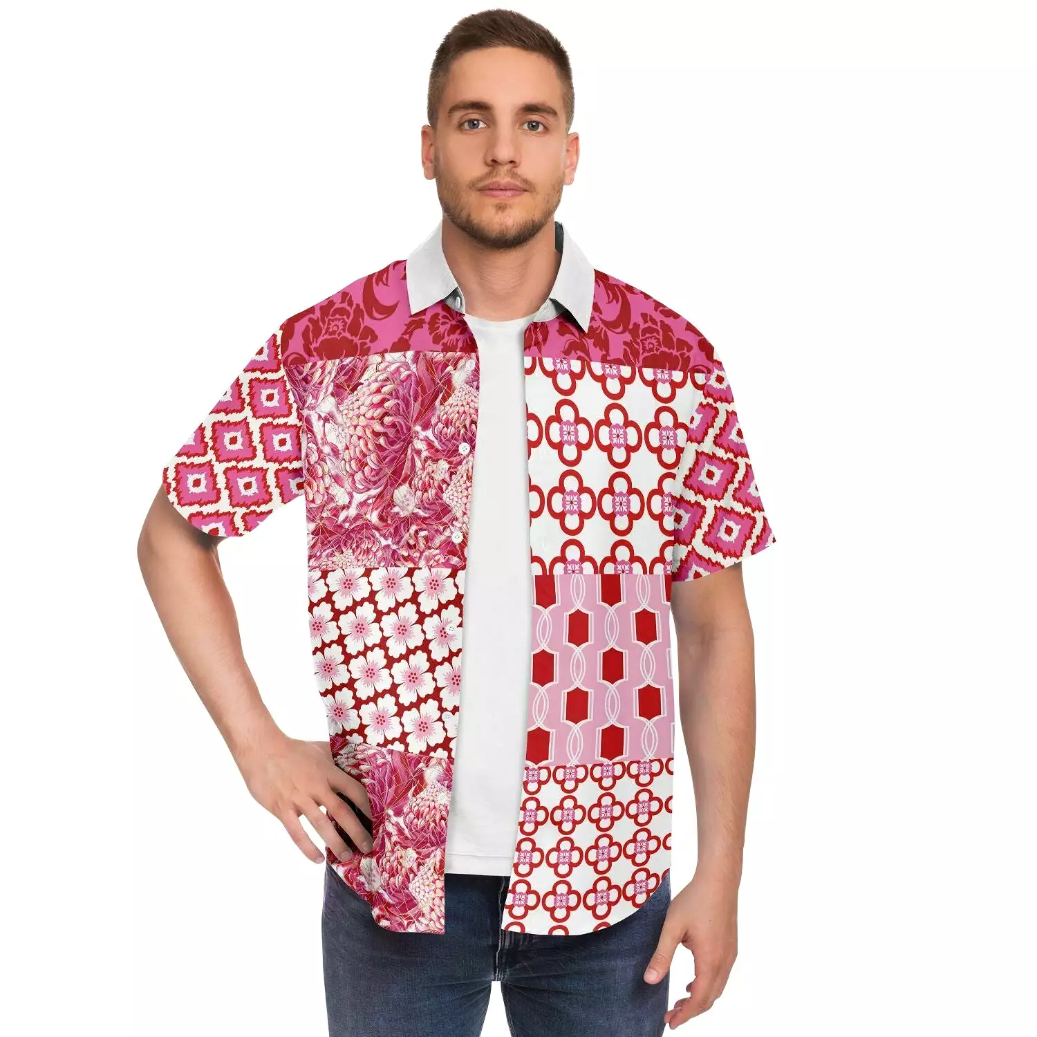 Gypsy Beat Pink Patchwork Short Sleeve Button Down Shirt