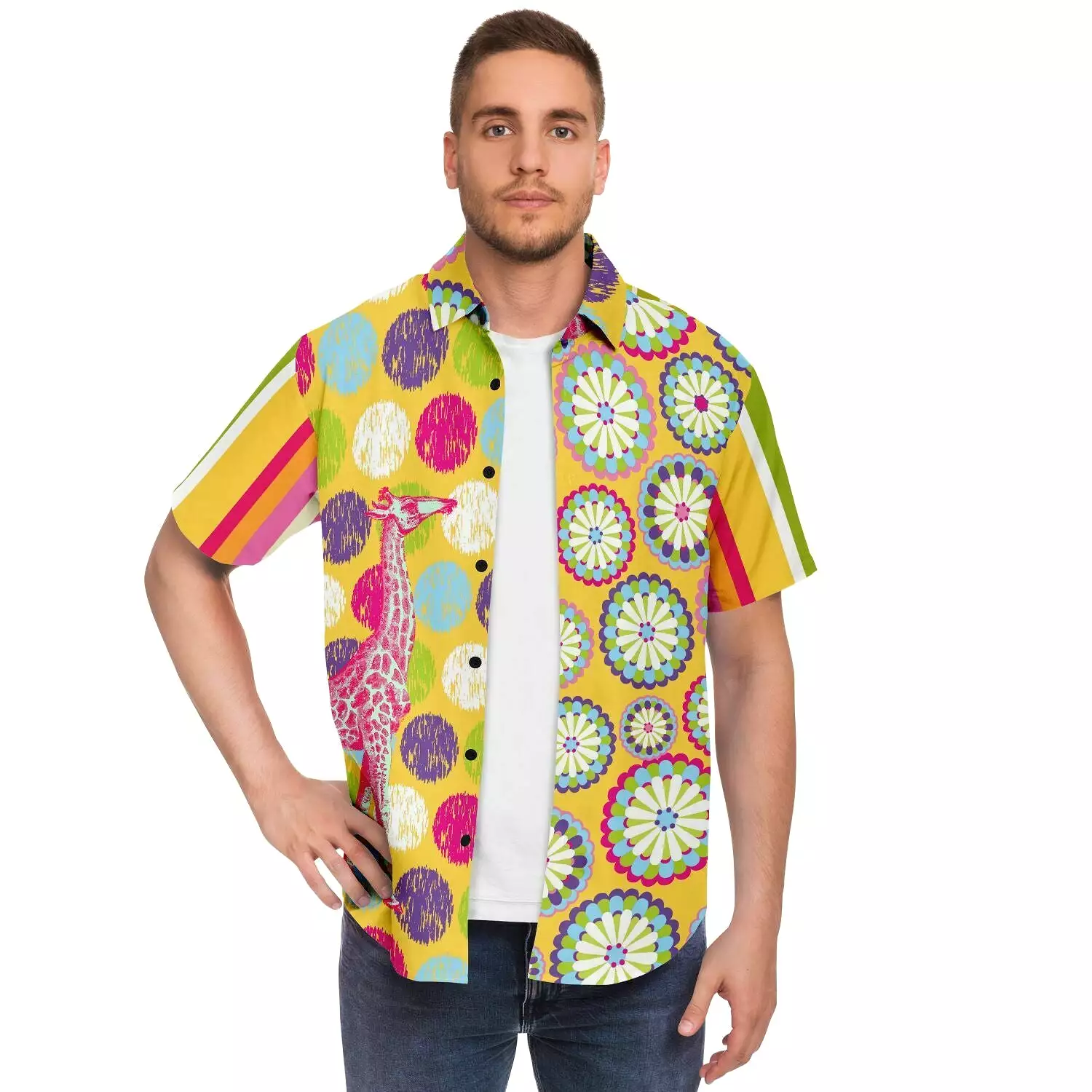 Hello Janis! Yellow Geo Print Short Sleeve Button Down Shirt