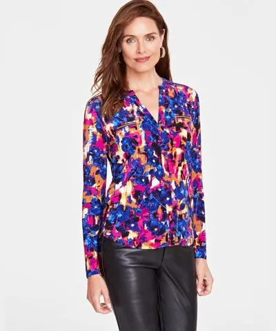 I.N.C. International Concepts Women's Printed Zip-Pocket Long-Sleeve Top