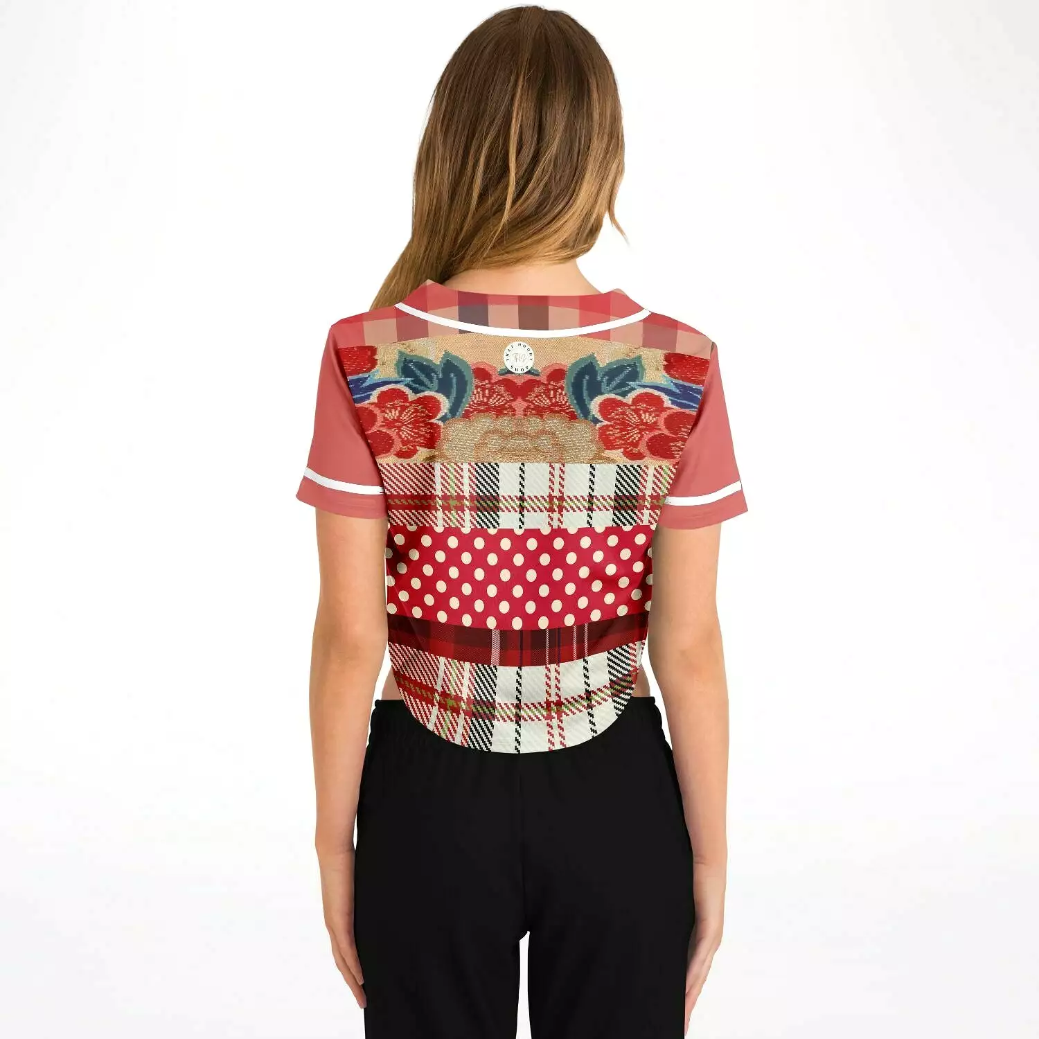 Jersey Salsa Floral Plaid Patchwork Cropped Button Front Jersey