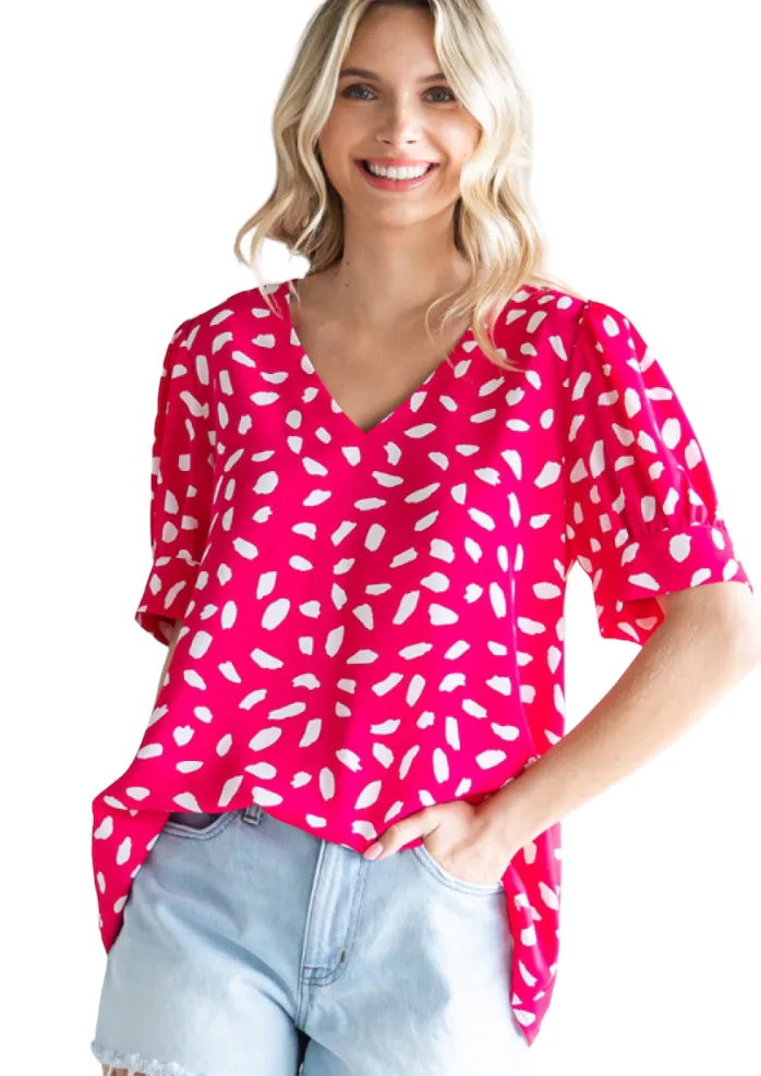 JODIFL V-NECK PUFF SLEEVE PRINT BLOUSE