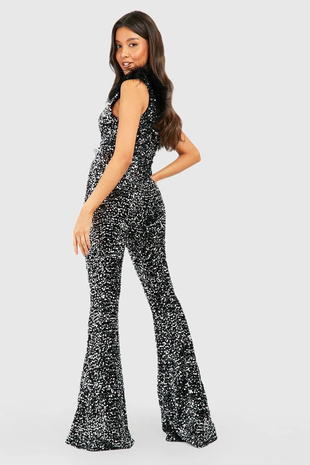 Jumpsuits | Feather Trim Sequin Flare Jumpsuit | boohoo