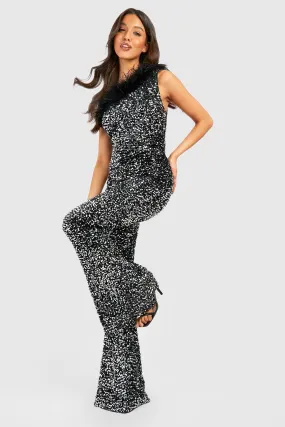 Jumpsuits | Feather Trim Sequin Flare Jumpsuit | boohoo