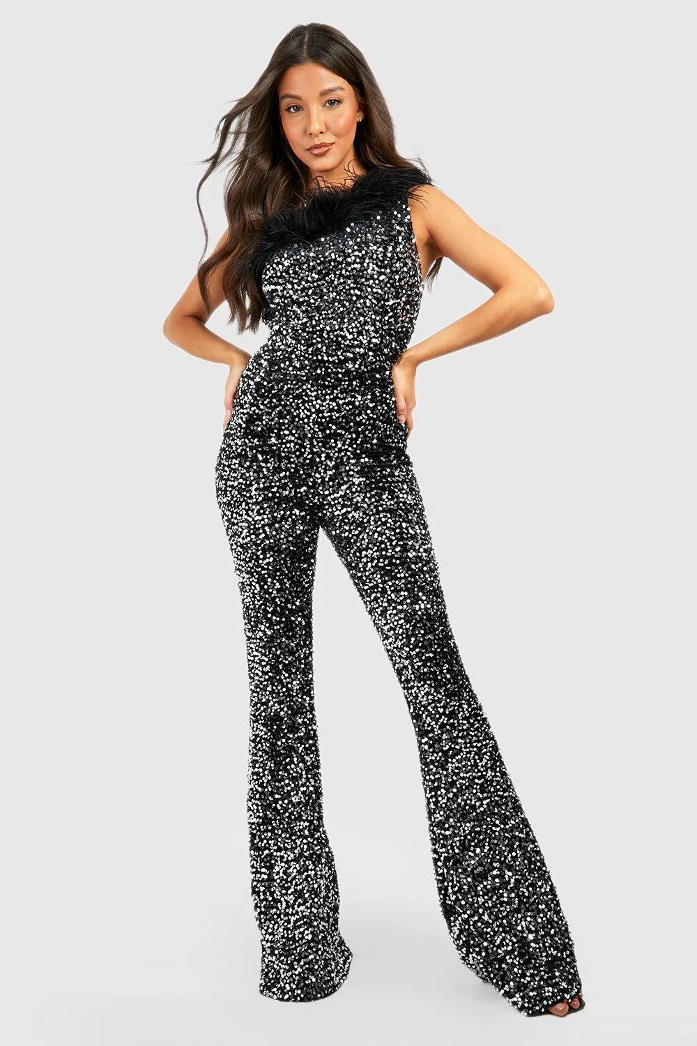 Jumpsuits | Feather Trim Sequin Flare Jumpsuit | boohoo