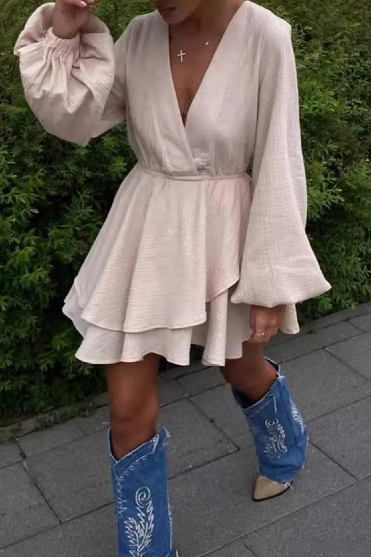 Long Puff Sleeve Waisted Mini Dress