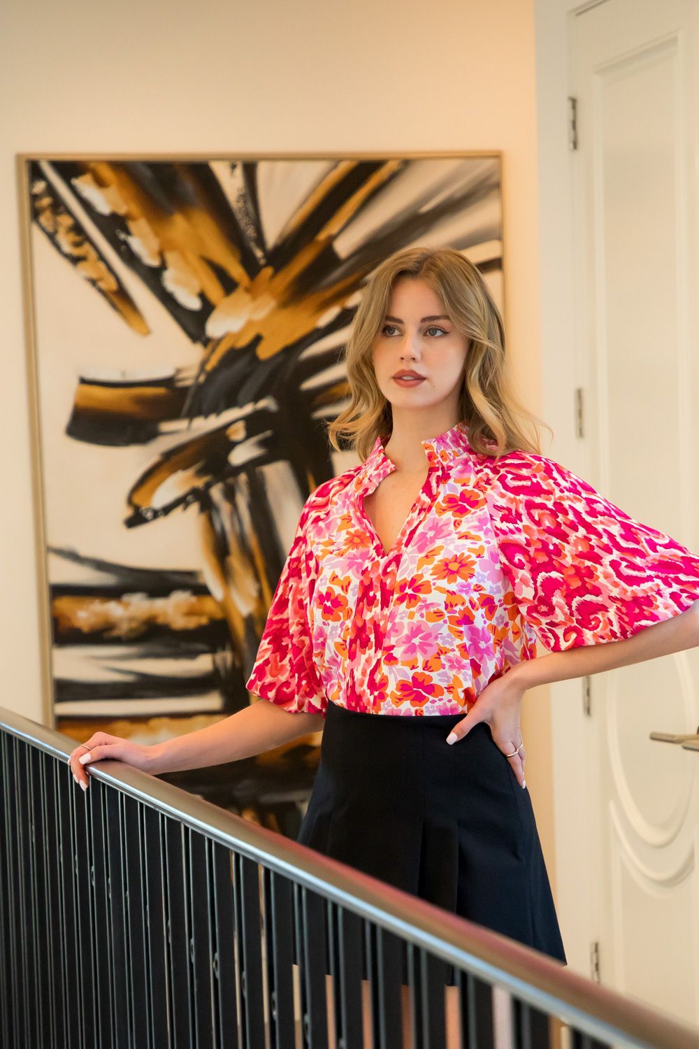 Luca Puff Sleeve Floral Print Top in Magenta