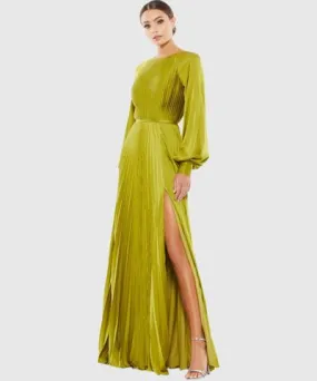 Mac Duggal Pleated High Neck Raglan Long Sleeve Side Slit Maxi Gown In Apple