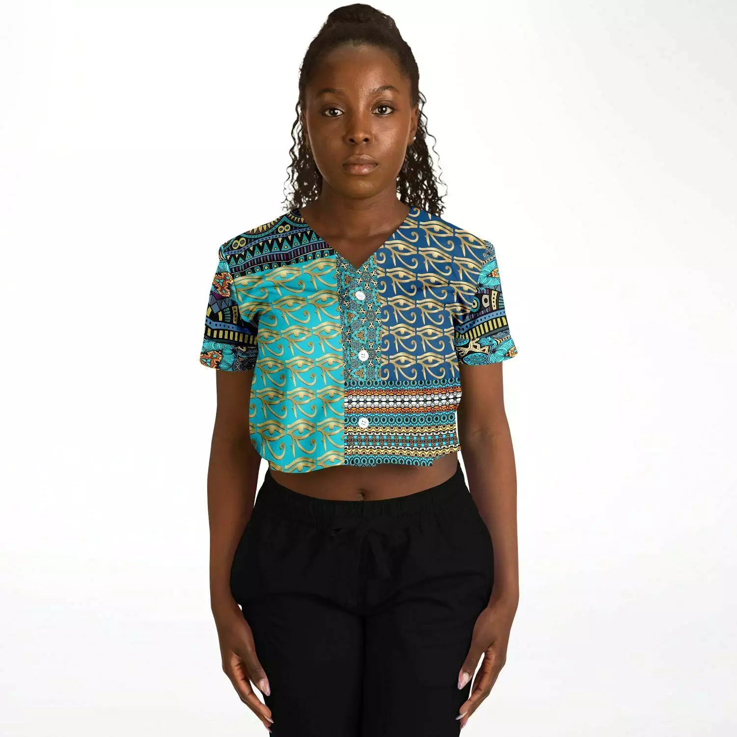 Many Blessings Patchwork Print Cropped Button Front Jersey