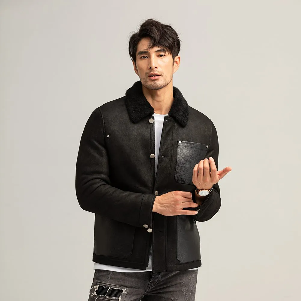 Men Black Shearling bomber Aviator Jacket