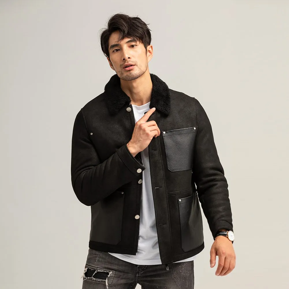 Men Black Shearling bomber Aviator Jacket